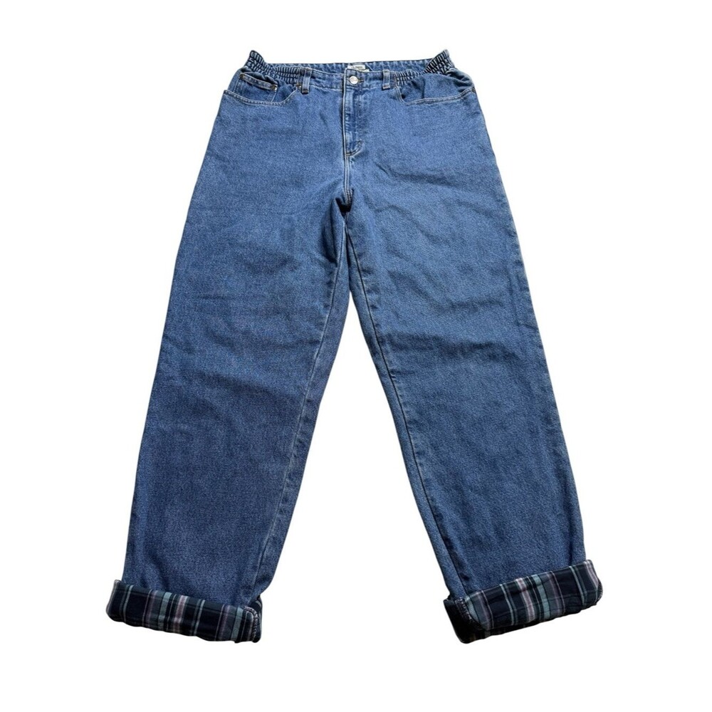 LL Bean Original Fit Relaxed Blue Plaid Flannel Lined Jeans Sz 14 Regular